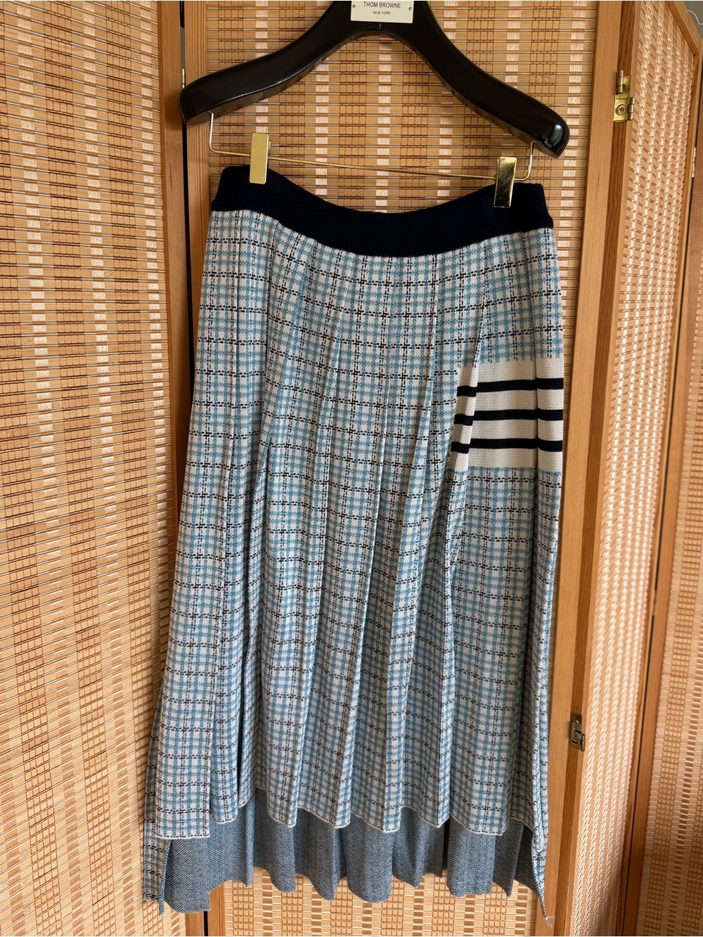 Thom Browne knit Plaid Pleated long Skirt with Navy Waistband Light Blue Italian